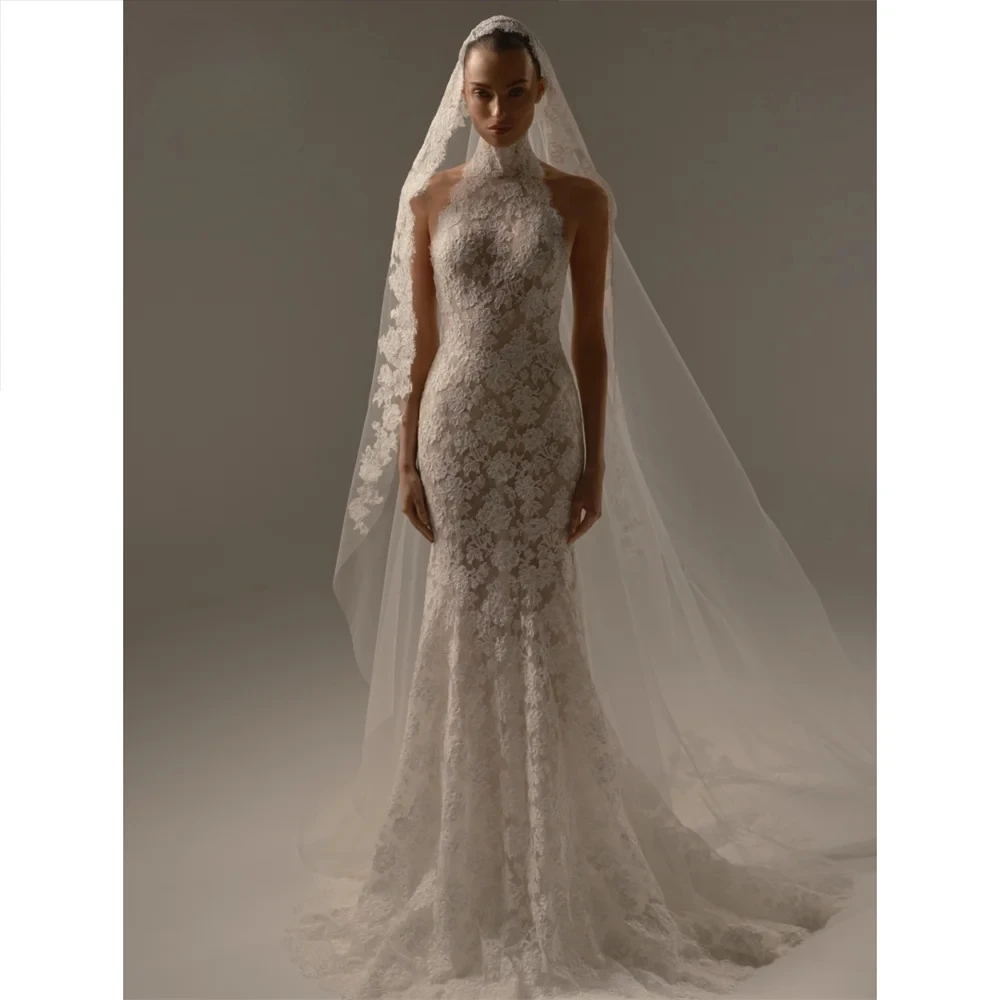Customized High Neckline Halter Floral Lace Wedding Dresses Vintage Elegant Church Ceremony Sexy Mermaid Bride Gown Formal Party