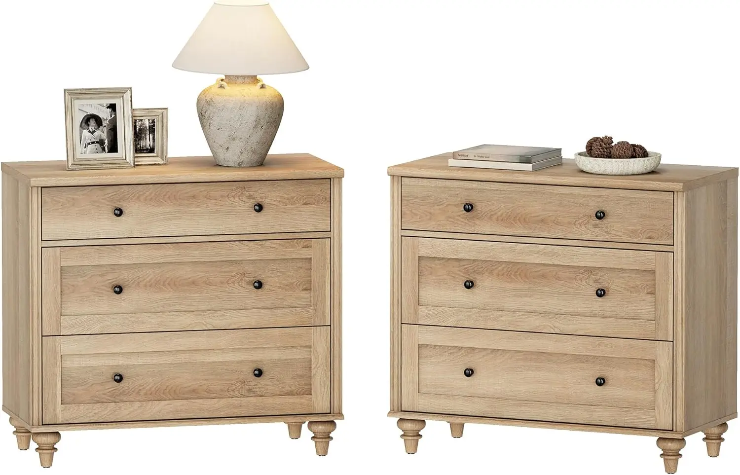 Farmhouse Nightstand 3 Drawers Set of 2 Wood Bedside Table Sofa Side End Table Chest for Living Room Bedroom Oak 34 Inch