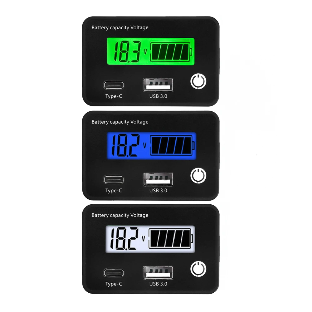 Battery Capacity Indicator DC8-30V Lead Acid Lithium LiFePO4 Car Motorcycle Voltmeter Power Meter Voltage Gauge USB3.0+Tpye-C