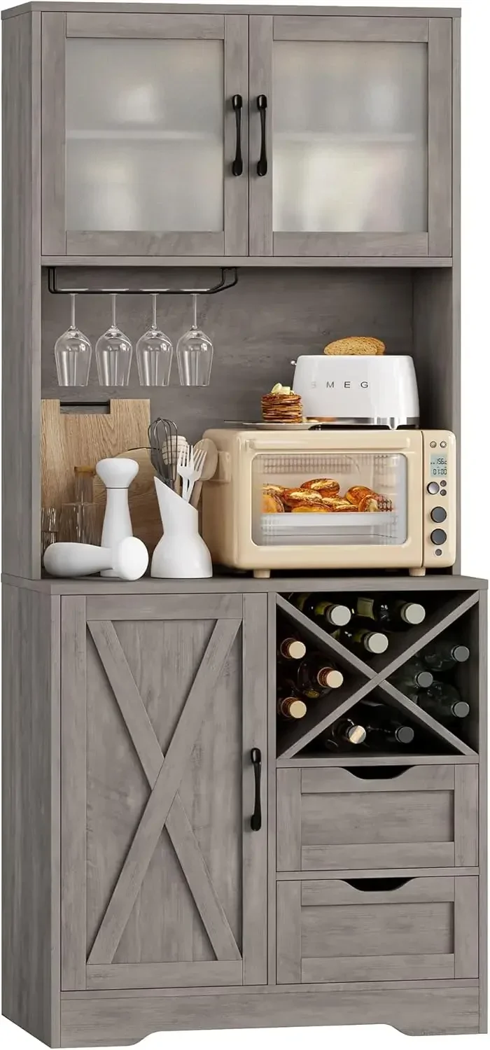 Hucha de cocina de 71 pulgadas, mueble de despensa con soporte para microondas, mueble buffet con aparador, estante ajustable, comedor, gris rústico