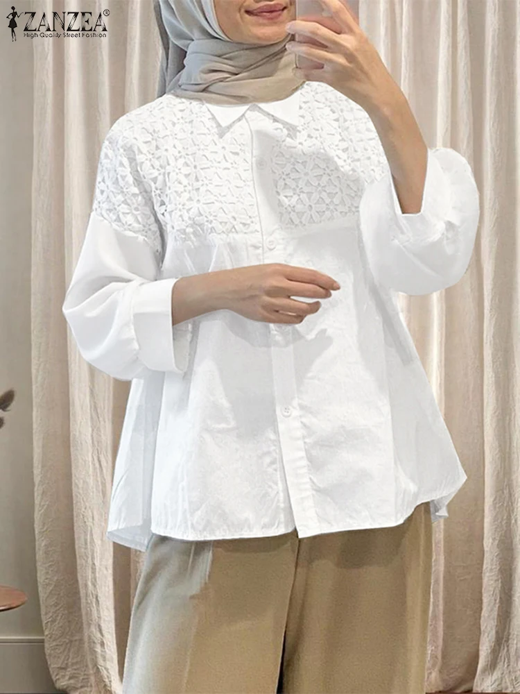

Модные женские рубашки ZANZEA, элегантные мусульманские блузки с лацканами и длинными рукавами, повседневные кружевные лоскутные рабочие топы на пуговицах, Blusas Kaftan