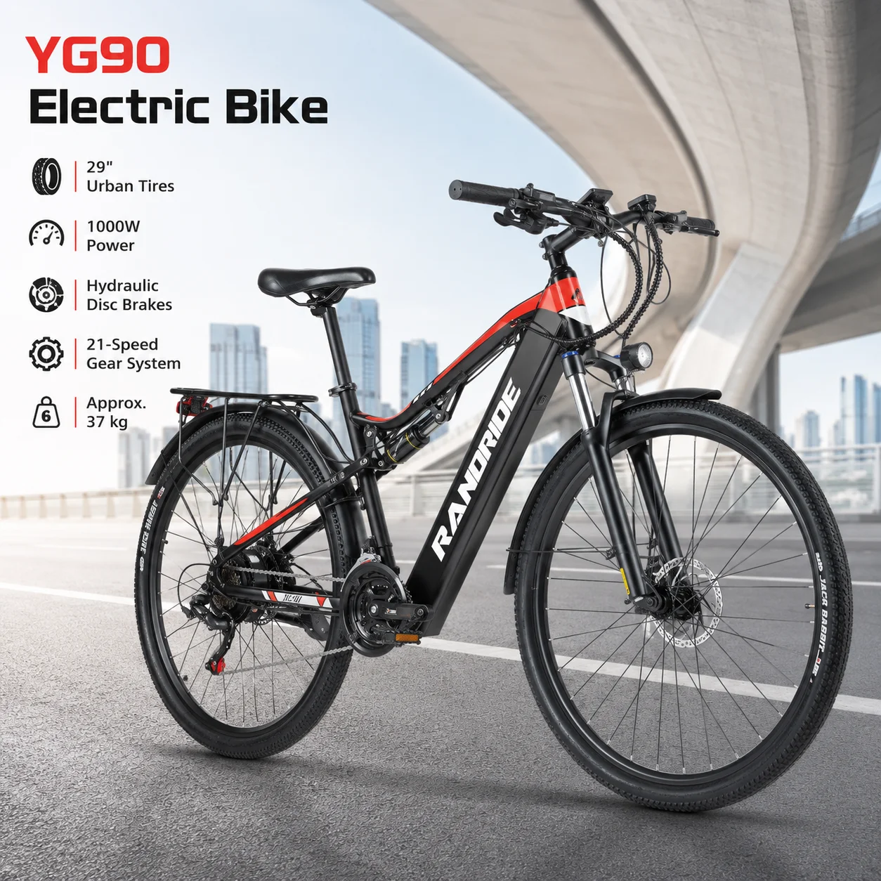 YG90 Electric Bike 29 Inch 1000W Motor 48V 17Ah Lithium Battery E Bike 40-55KM Range Bike Electric with Smart Display