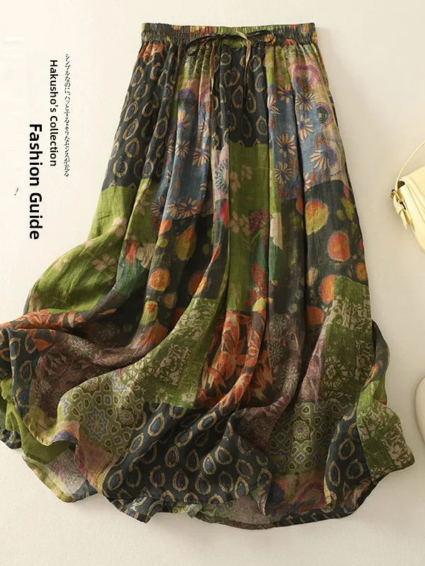 Falda Midi de Lino con Estampado Retro, Estilo Casual Versátil, Doble Capa, Talla ande, Cintura Alta, Corte en A, para Mujer