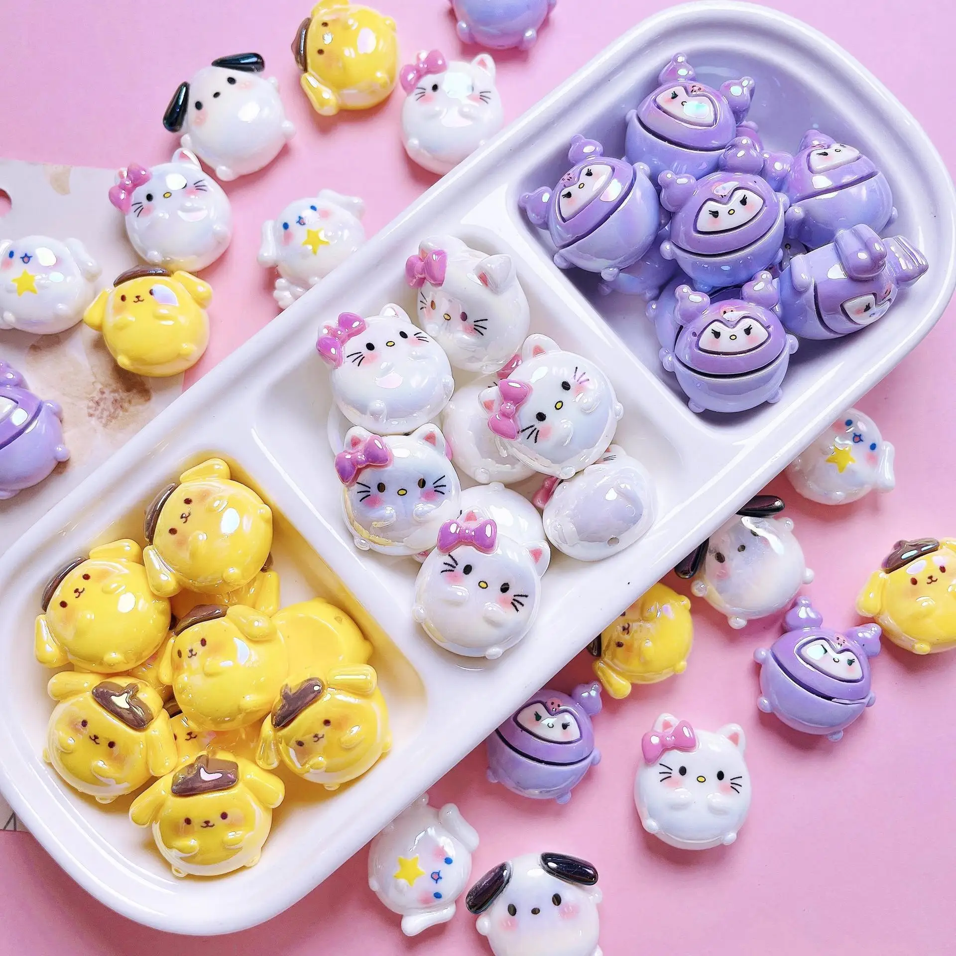 

10/60PCS Sanrio Colorful Cartoon Resin Round Roll Straight Hole Bead Bead DIY Mobile Phone Chain Keychain Material