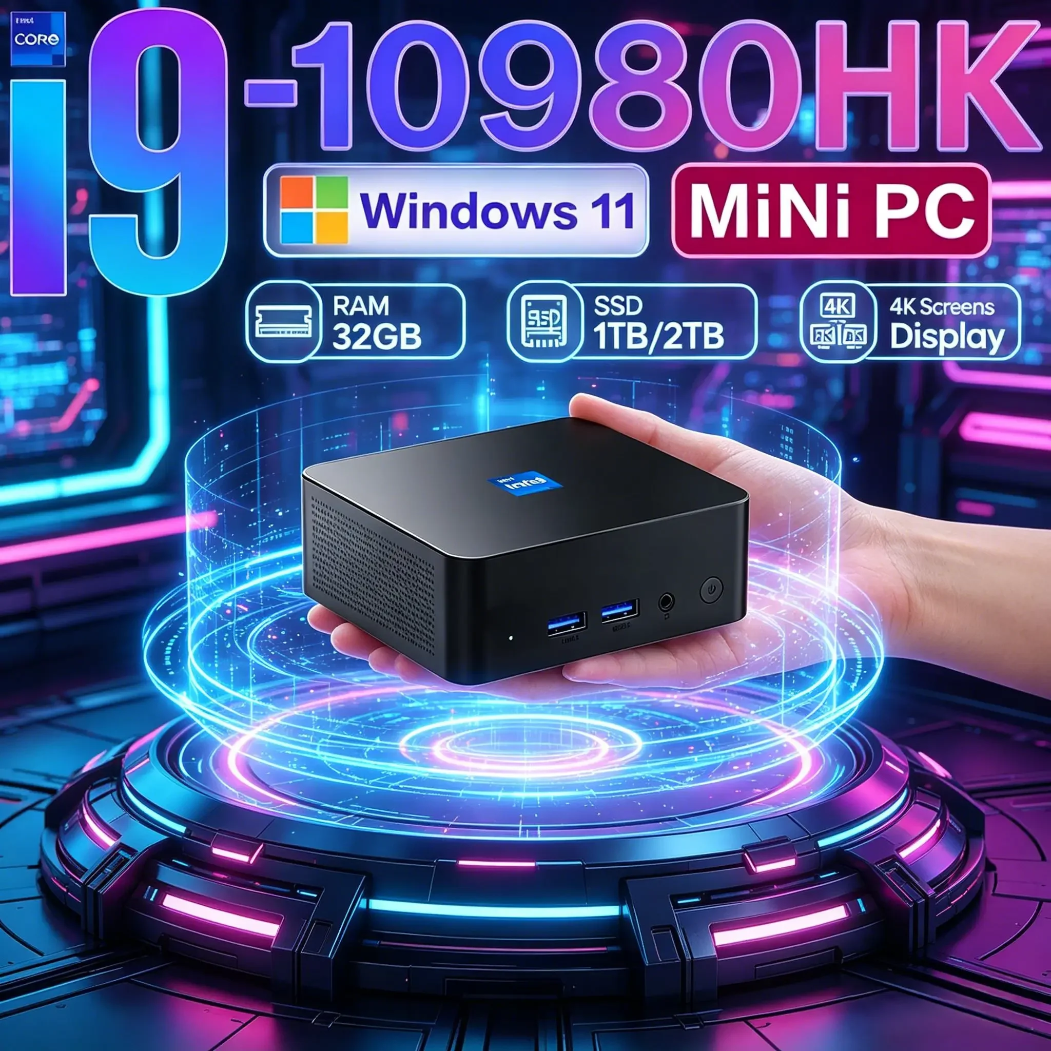 High Performance Compact Mini PC Core I9‑10980HK Windows 11 Pro 32GB RAM 1TB 2TB SSD WiFi6 Bluetooth 5.2 4K UHD Home Work