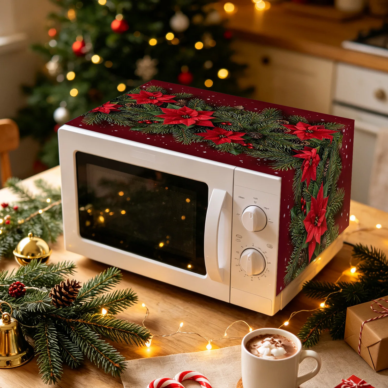 Kitchen Appliances For.Xmas - 크리스마스 포인세티아 전자레인지 커버 방진 방유
