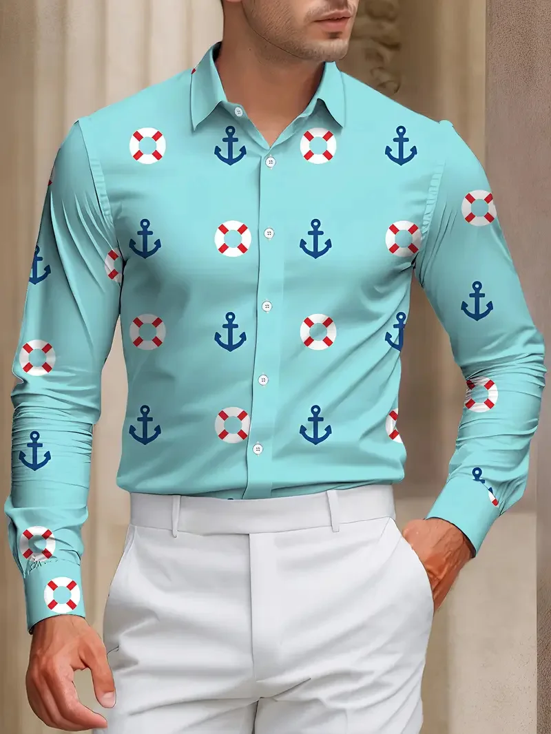 جديد الرجال طويلة الأكمام عارضة قميص 3D قارب مرساة طباعة البحر الأزرق نمط عارضة قميص قصير الأكمام قميص ملابس للرجال #1