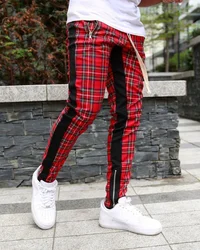 Men's slim-fitting casual sportswear fashion trend: zipper pocket checkered patchwork street fashion skinny pants