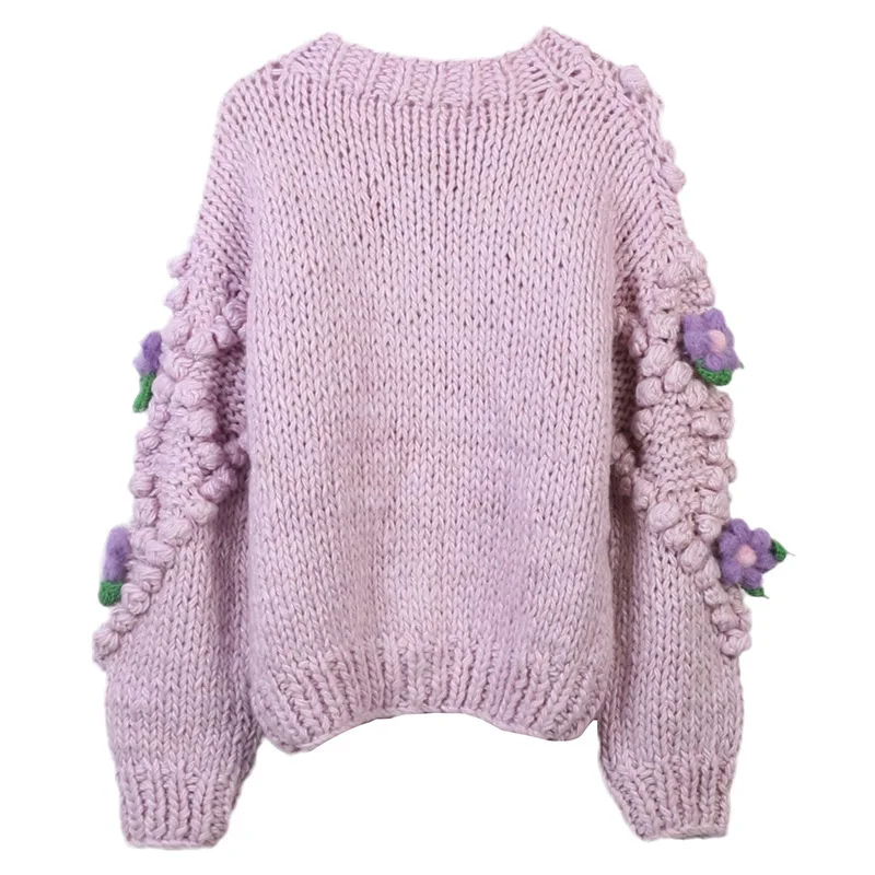 2024 Sweet 3D Flower Hand Crochet Ball Cardigan Sweater Lavender Woman O neck Lantern sleeve Knit Loose Knitwear Cardigan Jumper