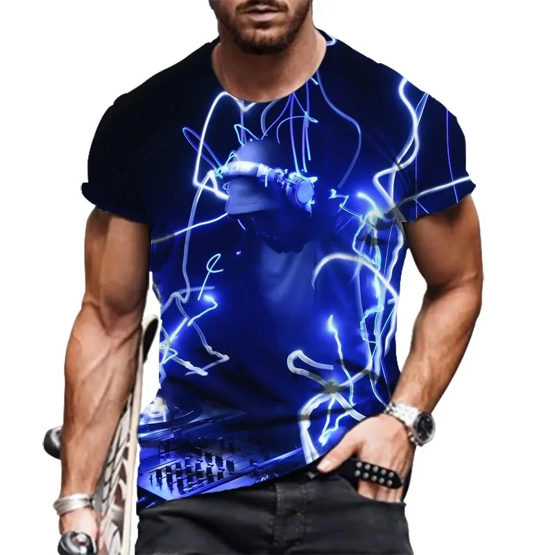 Fashionable New DJ T-shirt for Men  Printed Short Sleeve Nightclub Music Series Pattern Plus Size  Party Rock Round Neck Short S view 4