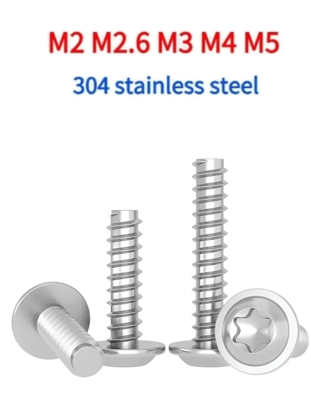 10‑100pcs M2‑M5 Torx Self‑Tapping Screws, Stainless Steel Round Washer Head Flat End Six‑Lobe Fastener for Plastic Assembly