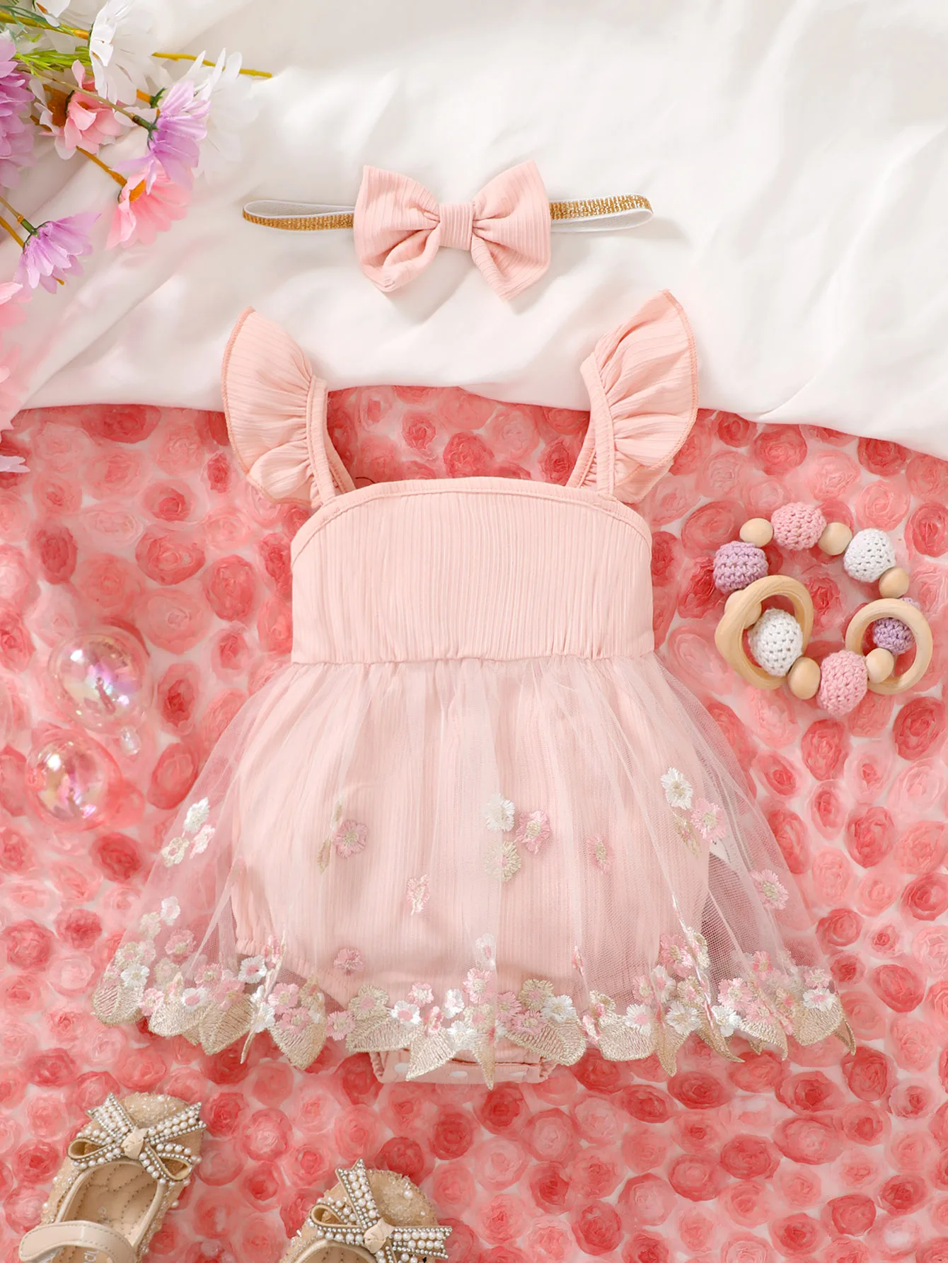 Newborn 3-24m Baby Girls Pink Square Collar Flying Sleeve Embroidery Mesh Small Skirt Triangle Onesie Cute And Sweet Ha Clothes