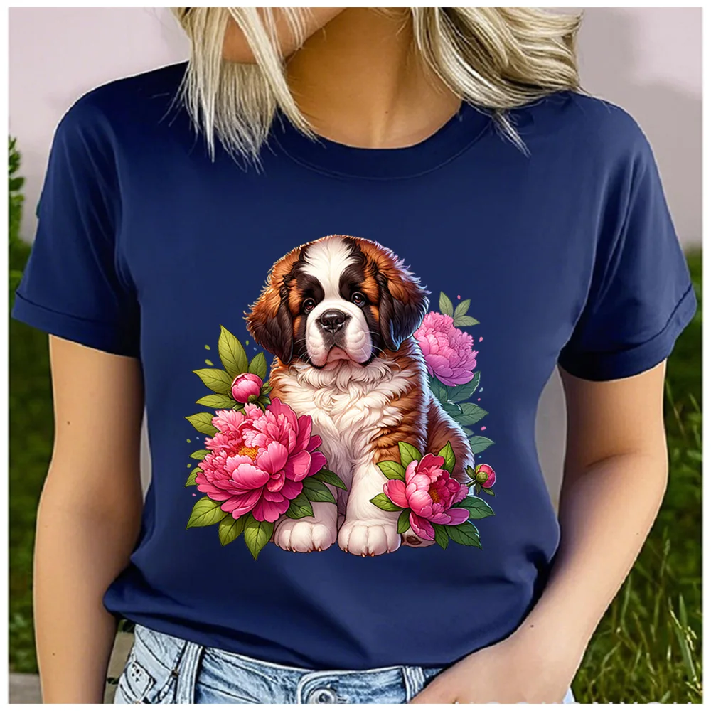Cotton 100% Women's Cute Saint Bernard Dog Floral Print T‑Shirt Short Sleeve O‑Neck Casual Loose Summer Fashion Daily Tee Tops
