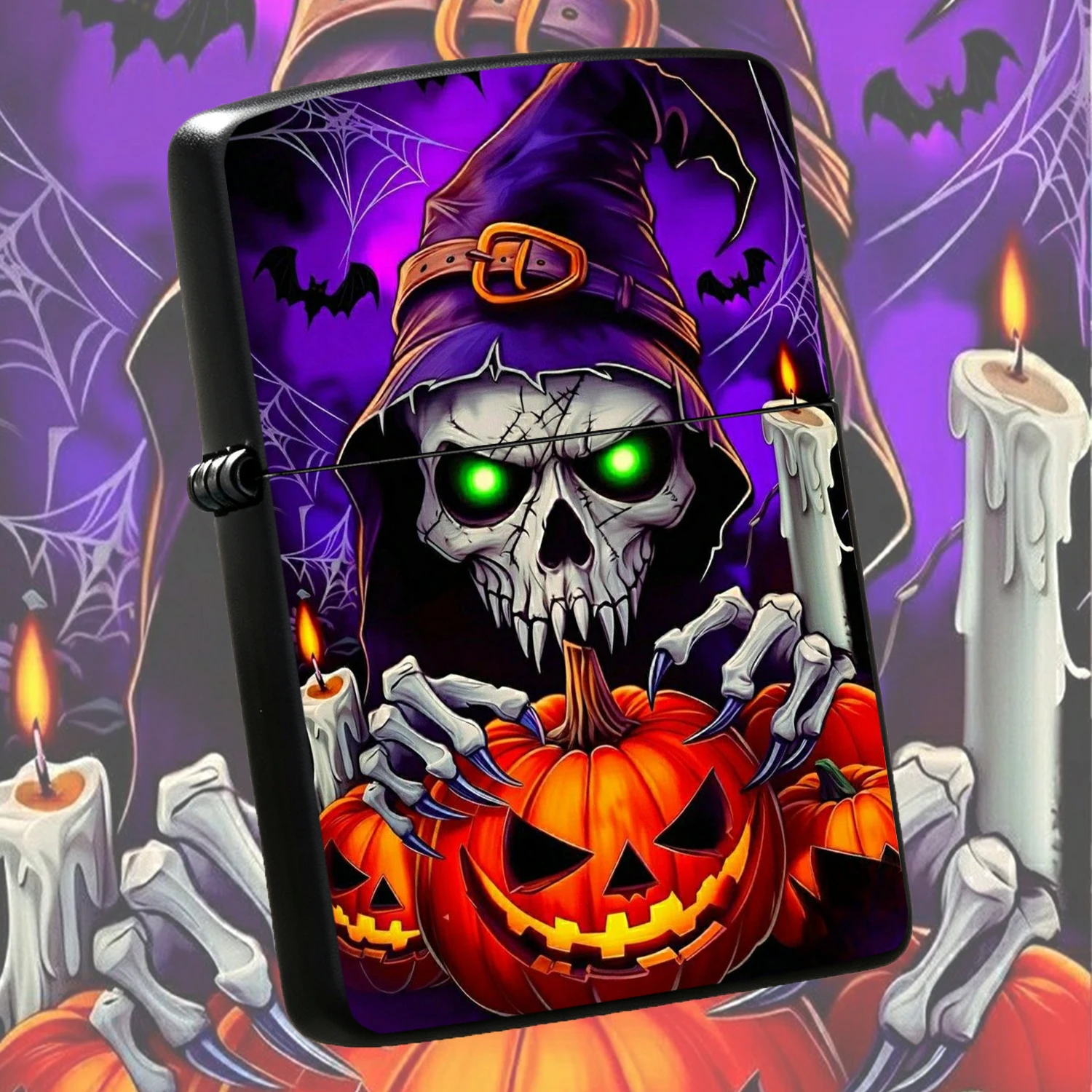 Halloween Themed Lighter With Spooky Skeleton Wizard Glowing Green Eyes Jack O Pattern, Delicate Cobweb Bat Melting Candle Print, Portable Stylish Accessory For Holiday Party Atmosphere Home Decor Outdoor Camping Daily Use Ideal Halloween G