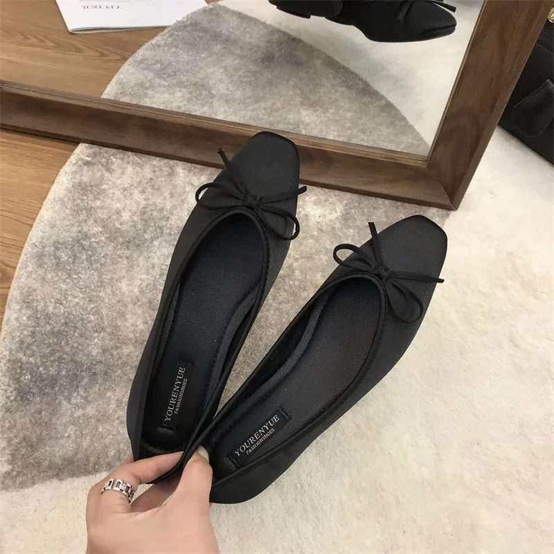 Luxury Lace Tie Leg Silk Ballet Flats Woman Square Toe Bowknot Ballerinas Ladies Wedding Mary Janes Shoes Woman Shoes