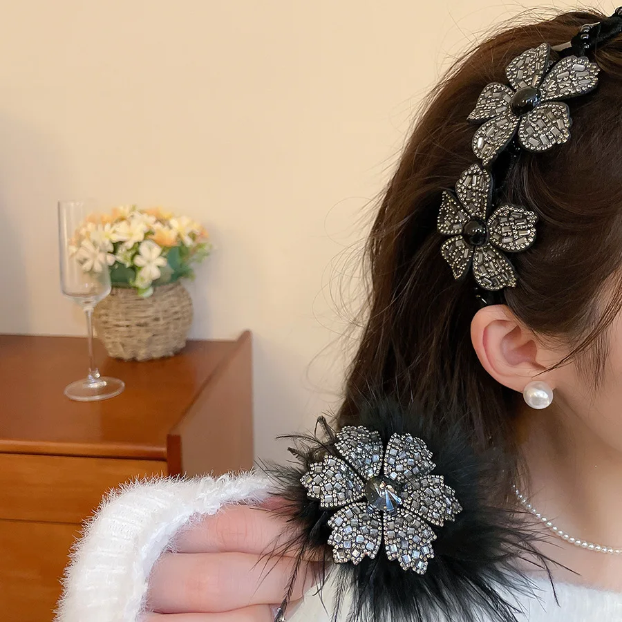 2Pcs Set Funkelnden Diamant Blume Feder Haar Zubehör Set Haar Hoop + Grip Clip frauen Bankett Stil pan Haar Zubehör – Detail 1