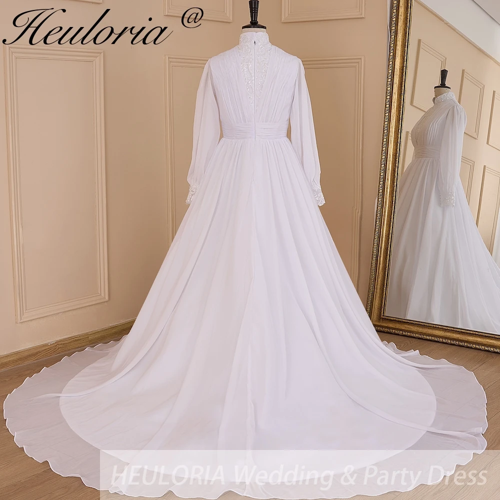 elegant heavy lace beading Muslim ball gown chiffon Wedding Dress long sleeve high neck bride dress plus size bride Wedding Gown