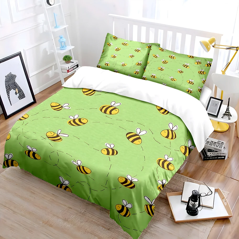 Bees Flying on Green Background Print Bedding Set 1 Duvet Cover 2 Pillowcases for Adult and Children Luxury Gift Full Size