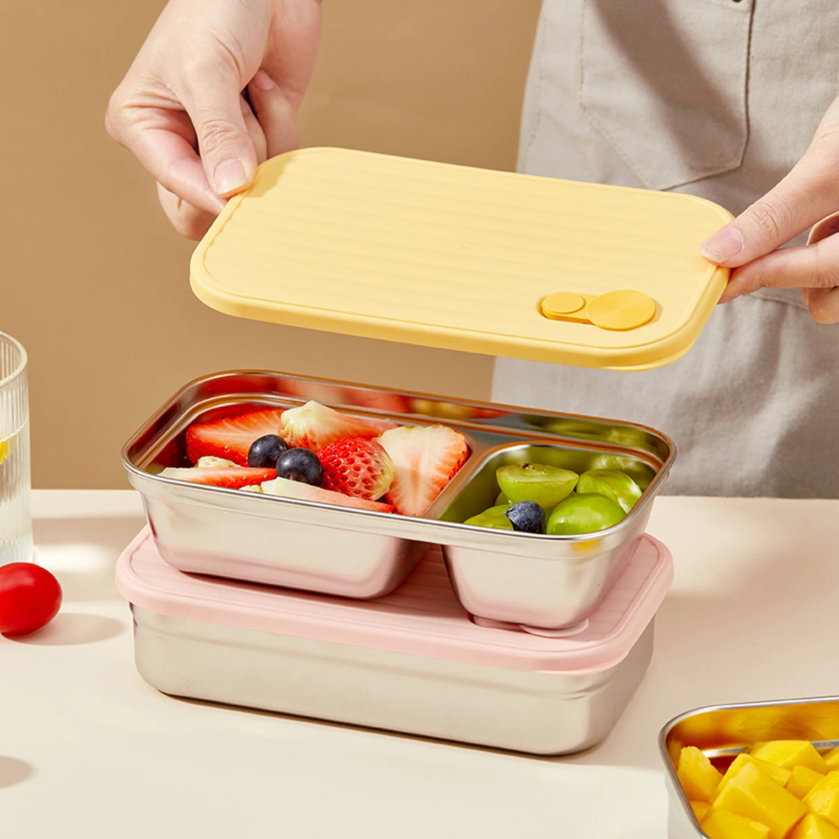 WORTHBUY Lunchbox aus Edelstahl 304, mit Deckel, tragbarer Obstsalat-Lebensmittelbehälter, stapelbar, auslaufsicher, Bento-Box für Studenten – Detail 14