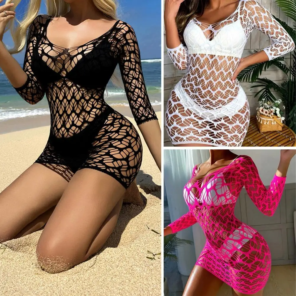 Elastic Waist Swim Cover-up Women Swim Cover-up Stylish Women's Beach Cover-up Dress with Hollow Out Design Slim Fit for Summer