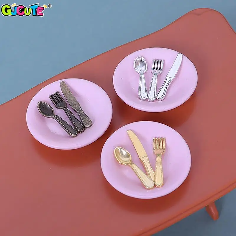 1/12 Dollhouse Miniature Knife Fork Spoon Plate Set Tableware Model Accessories Kitchen Scene Decor Dolls House Accessories