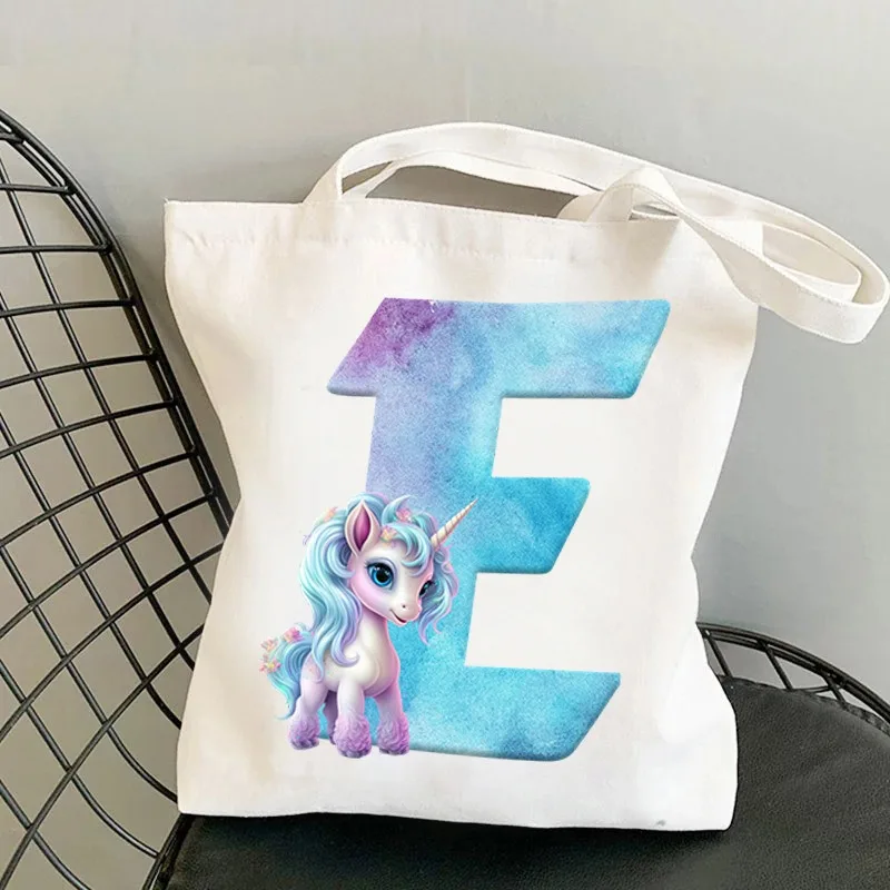 

Unicorn Alphabet Women Shopping Tote Bags Canvas Large Capacity Student Toiletries Organizers Casual Tote Letter Bags Gift