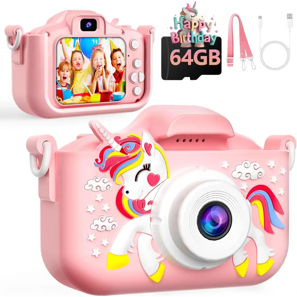 Appareil photo 1080P pour enfants filles, appareil photo à selfie numérique portable pour tout-petits avec carte SD 64G et jolie housse de protection