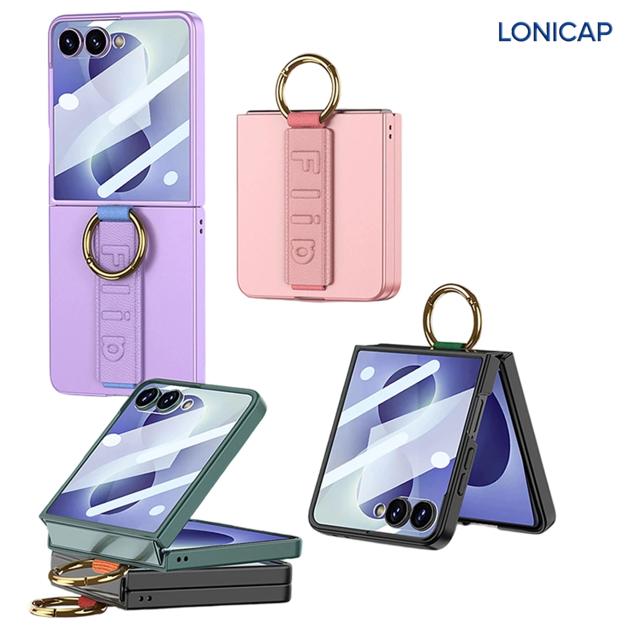 

Phone Case For Samsung Galaxy Z Flip 8/7 Wrist Strap Ring Holder Built-in Cover Screen Film Faux Leather Luxury Shockproof Guard