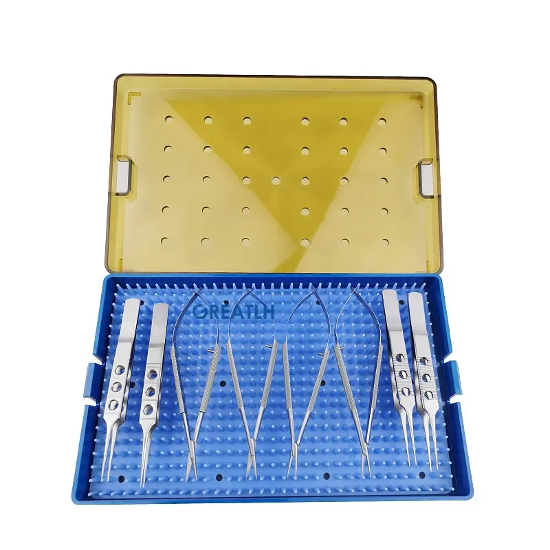 Stainless Steel Micro Scissors Toothless Forceps Micro Scissors Sterilization Tray Box Ophthalmic Surgical Instrument 8pcs/set