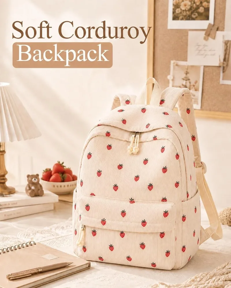 Corduroy Laptop Backpack for Adults, Lightweight Casual School Daypack, Travel Bookbag with 15.6 Inch Laptop Compartment