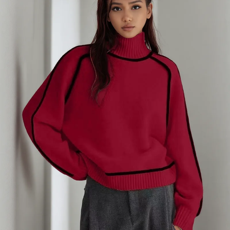 

Women Sweater Korean Fashion Loose Stripe Knitted Top Autumn Winter Long Sleeve Turnneck Casual Female Clothing Pullover