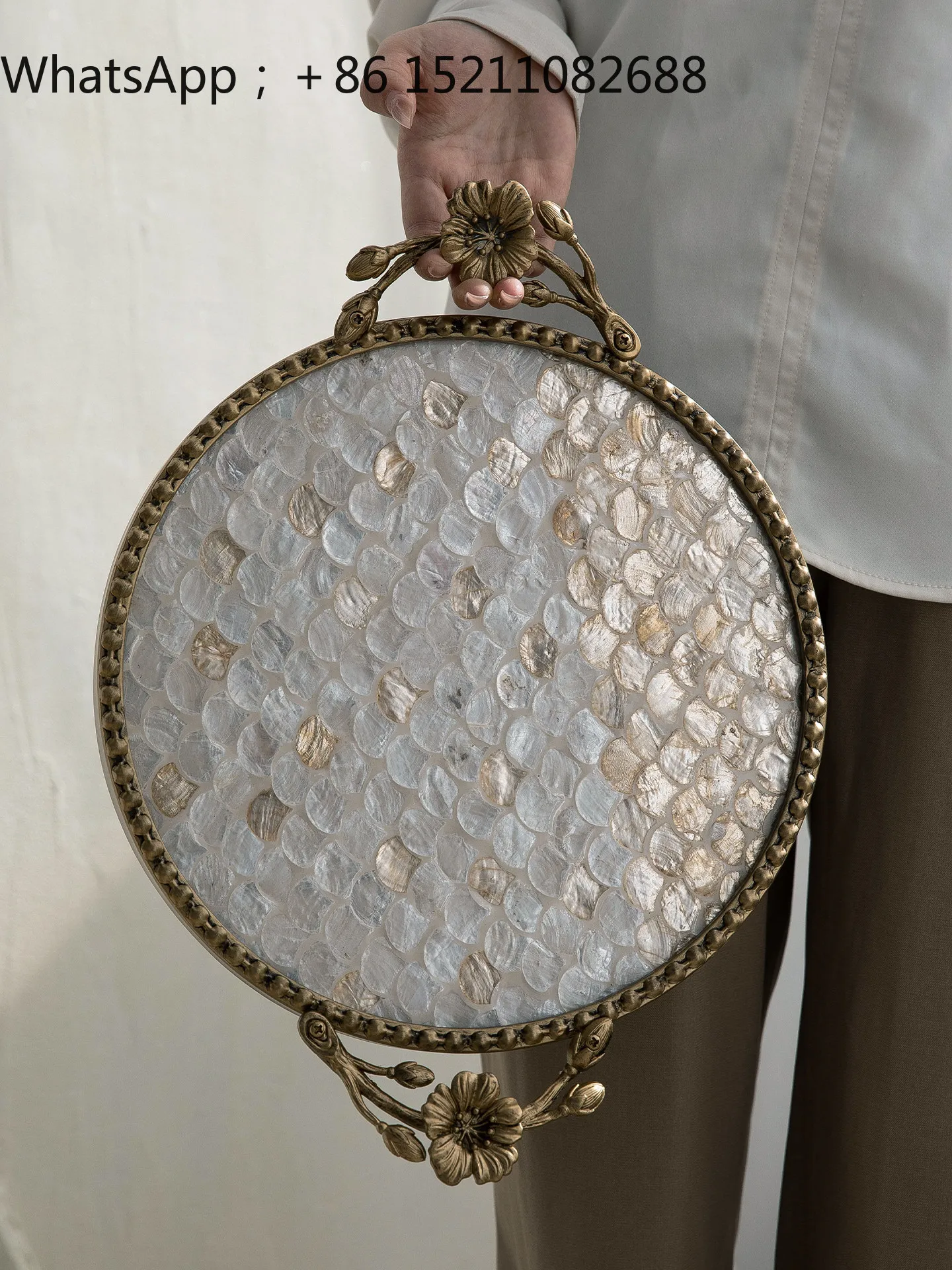 LLY retro light luxury shell decorative tray new Chinese creative with handle cup pot tea tray skin care product storage plate