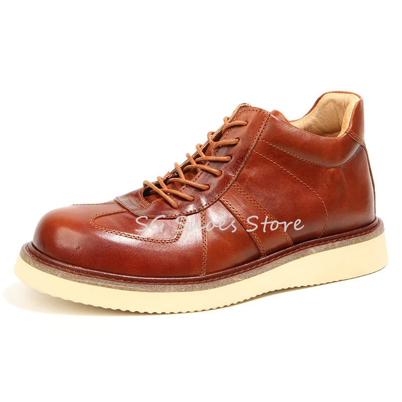 

High Top Chunky Bottom Lace-Up Sneakers for Men Handmade Genuine Leather Sport Shoes Male Outside Casual Shoes Ankle Boots