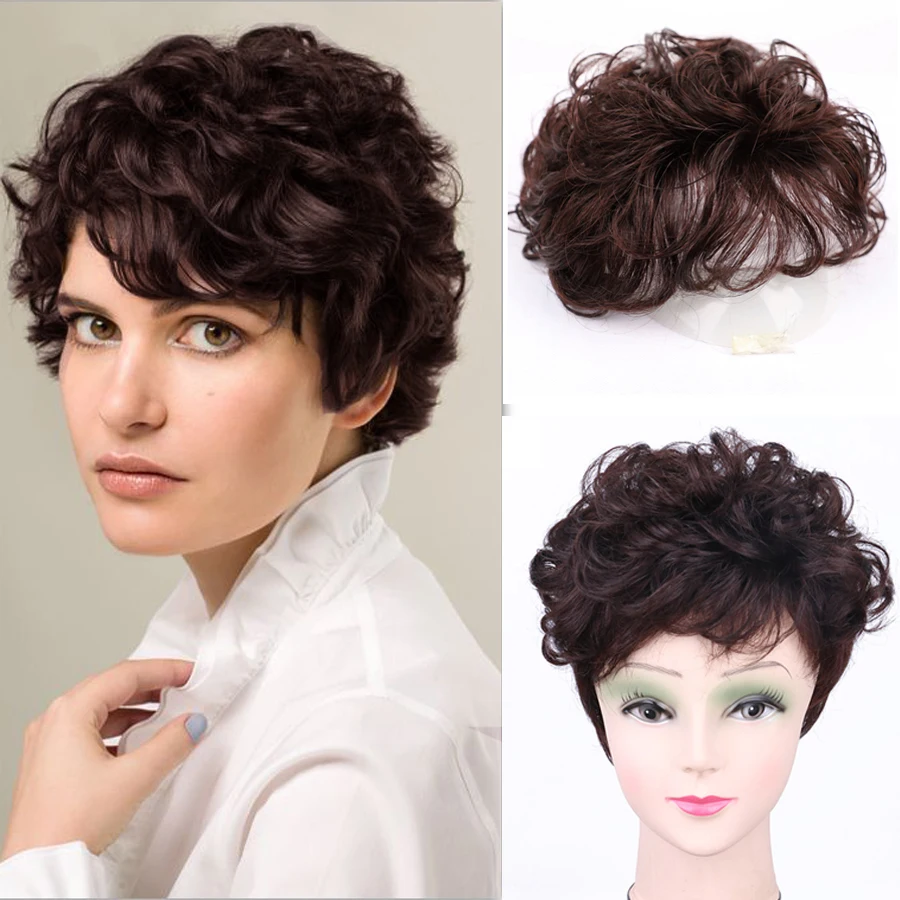 LANLAN Short Curly Synthetic Black/Brown Topper Hair Extension Bangs Clip In Extension Invisible Traceless Hair Extension