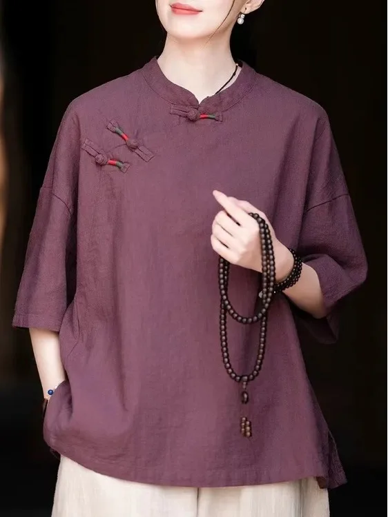 Women's Cotton Linen Loose Short Sleeve Shirt Vintage Button up Stand Collar Zen Style Fashionable Casual Summer Top