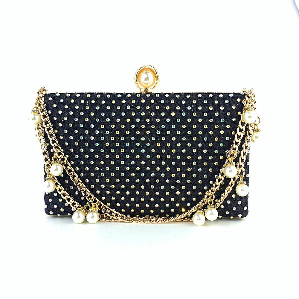 Women Fashion Diamonds Rhinestone Clutches Retro Pearl Chain Ladies Shoulder Bags Shiny Small Crossbody Bags Female Handbags