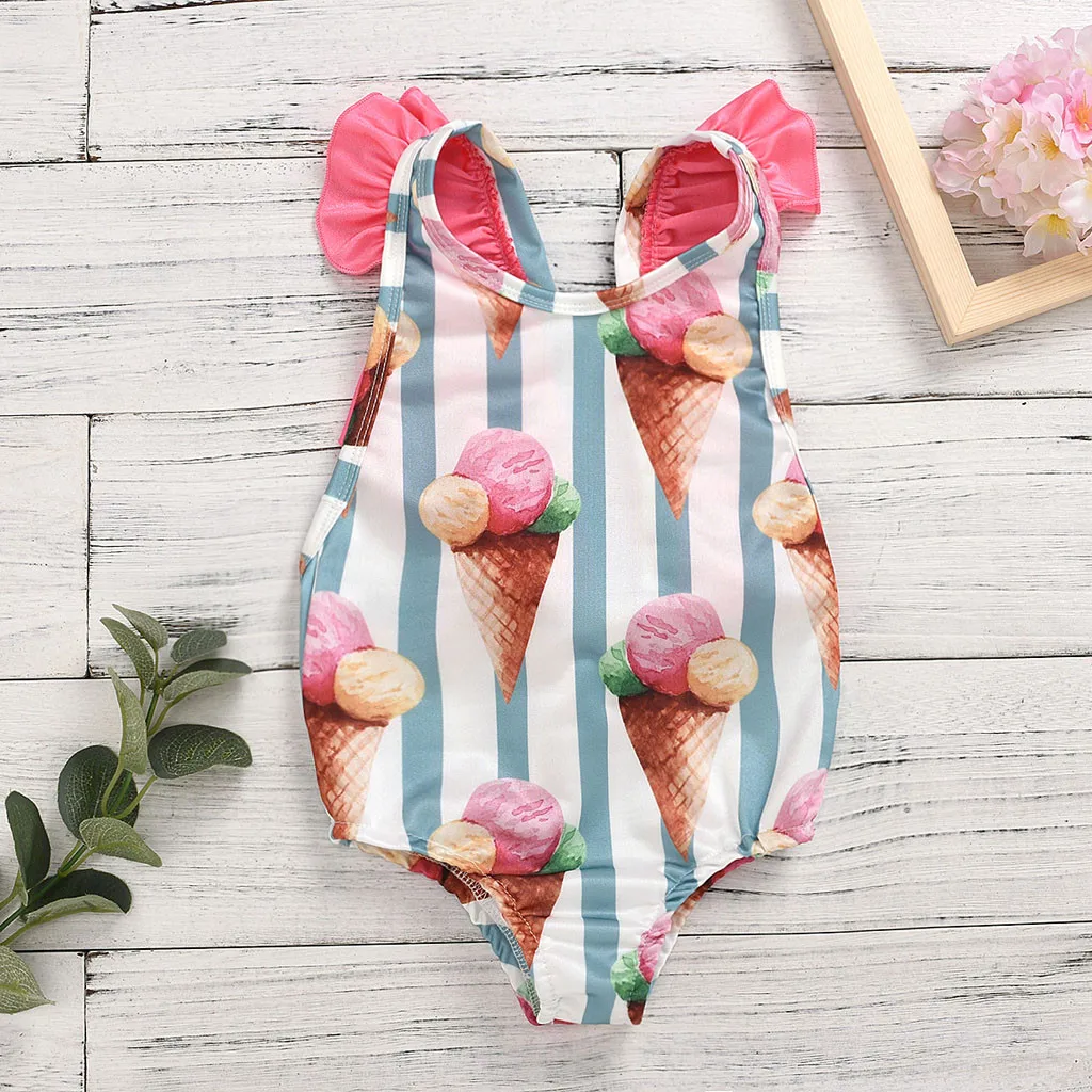 Baby Girls Summer Swimsuit Children One-piece Ice Cream Watermelon Print Swimwear Swimming Backless Floral Bikini 6M-5T