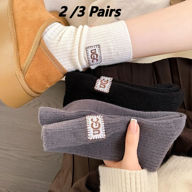 

[2/3 пары] Зимние теплые носки для женщин — чистый хлопок, плотный трикотаж, дизайнерский стиль, высококачественные, нашивка с вышитыми буквами, средний C