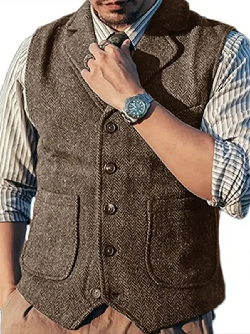 Green Men\'s Vest Tweed Waistcoat Slim Fit  Big Pocket V-Neck Herringbone Pattern Winter Wool Suit Vest Gentleman Wedding Clothes