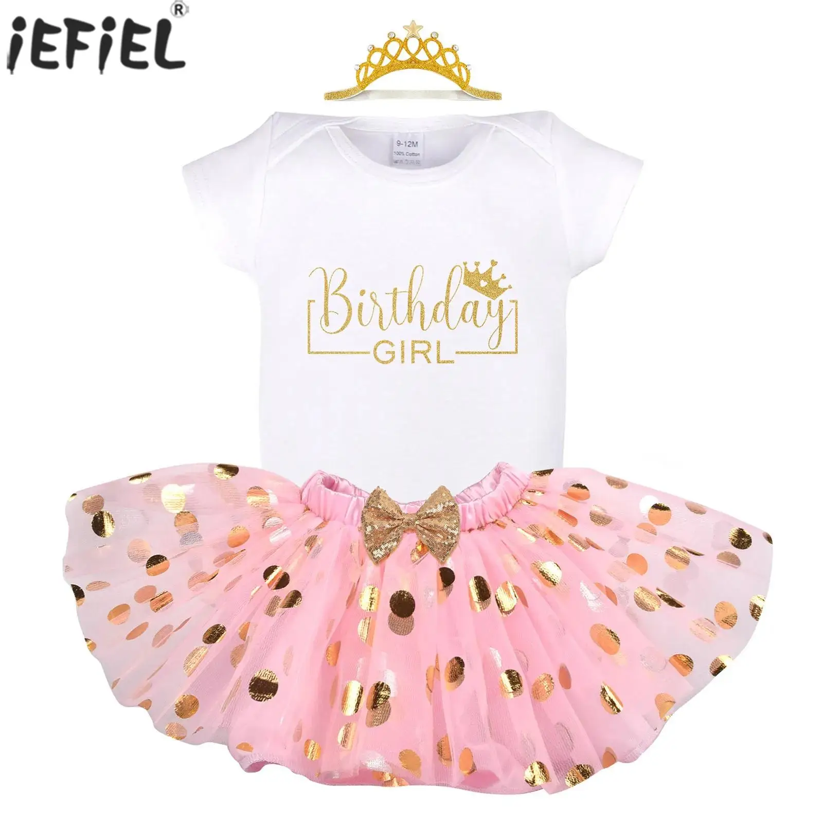 Infant Baby Girls Birthday Party Outfit Short Sleeve Letter Printed Romper with Mesh Princess Tutu Skirt And Crown Headband Set