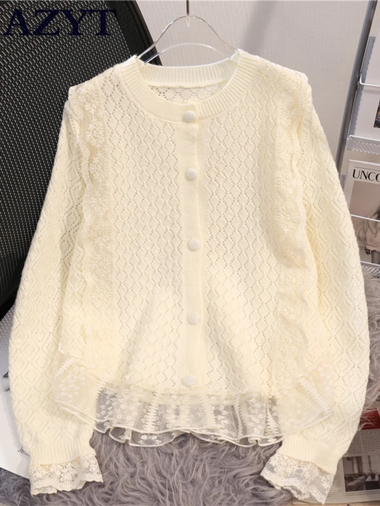 autumn Hollow Out Knitwear Female Cardigans Lace Splices Woman Sweater Jacket y2k Tops