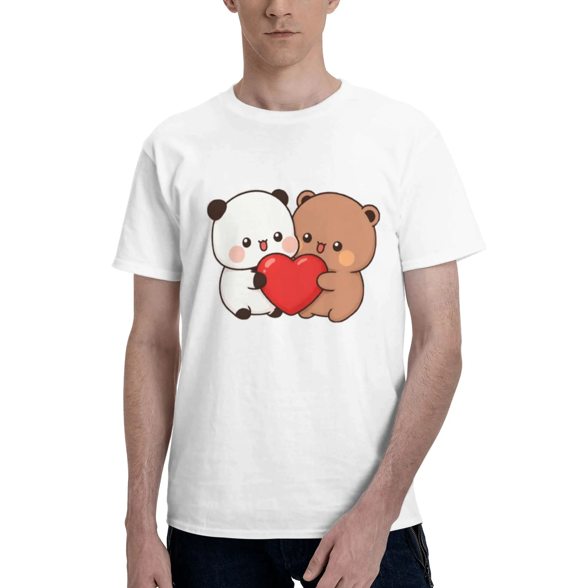 Panda And Bear Hugging With Red Heart Men T Shirt  Creative Tees Short Sleeve O Neck 100% Cotton Summer Tops T-Shirt