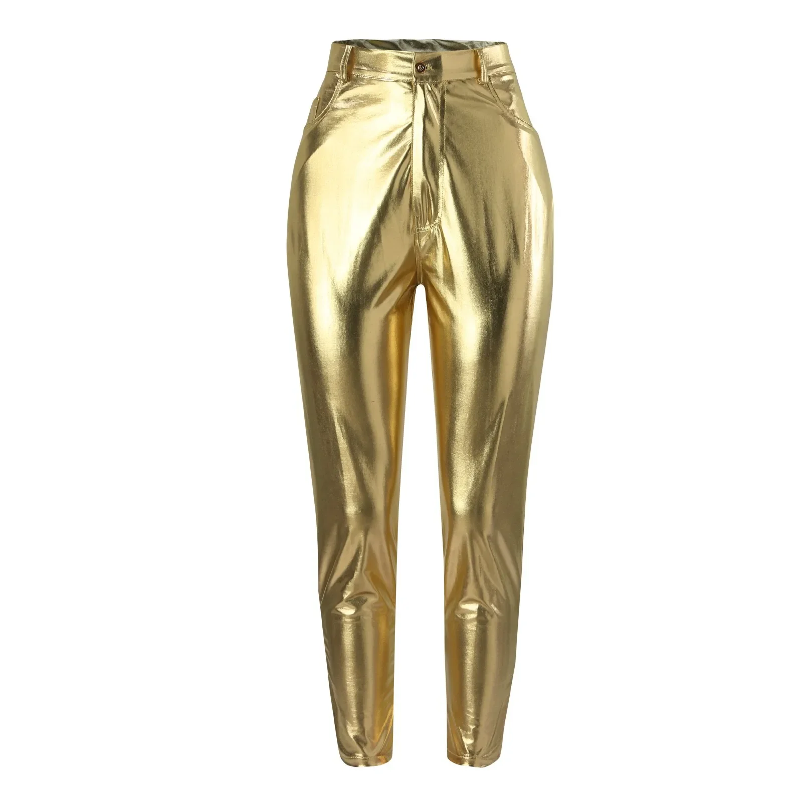 Women Leggings Faux Leather Pants Autumn Winter Gold Silver Fashion Lady Trousers Sexy Skinny Tight Pocket Button Female Pants