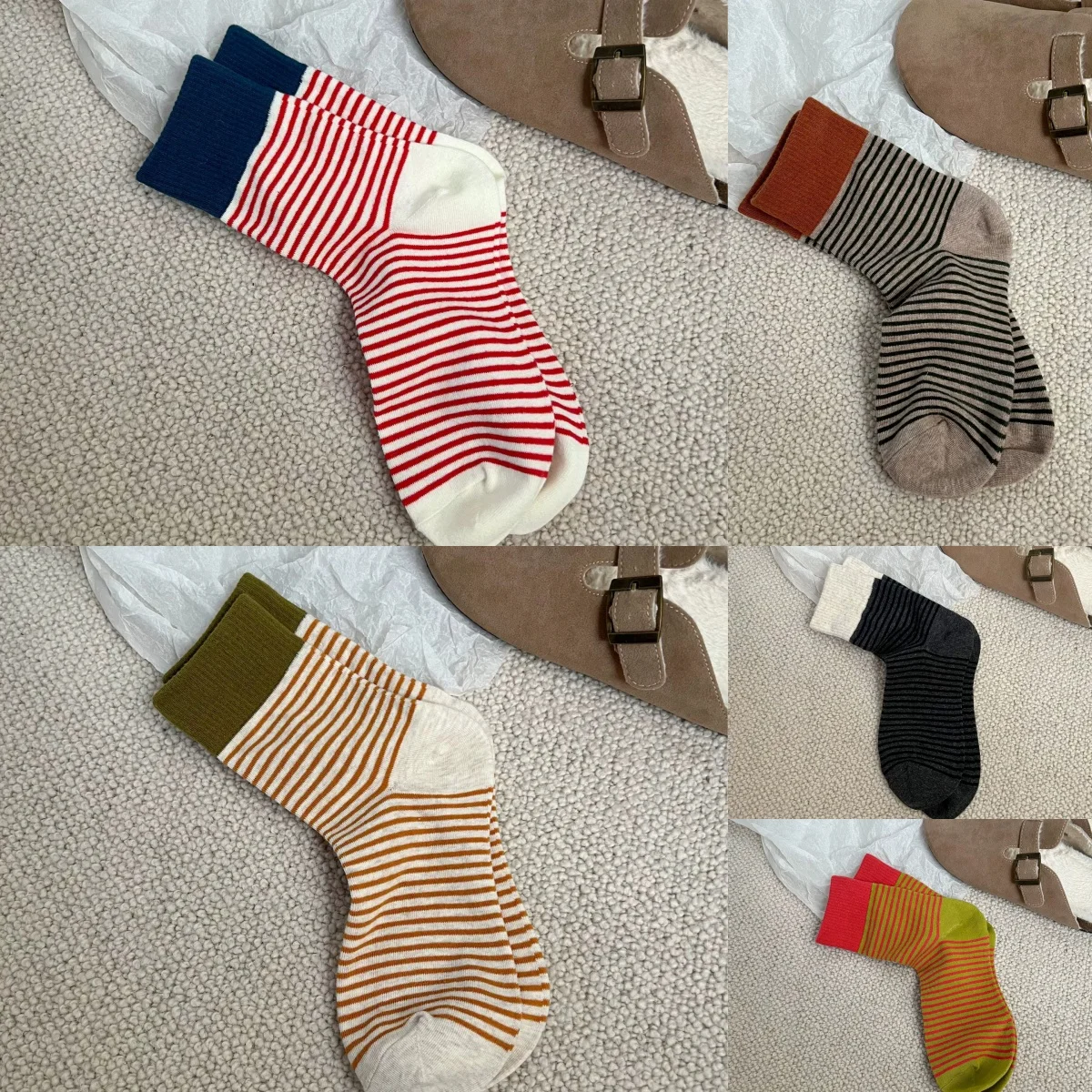 

New Fashion Women Socks Korean Style Mixed-Color Female Striped Socks Breathable Casual Girls Crew Simple Stripe Socks Short