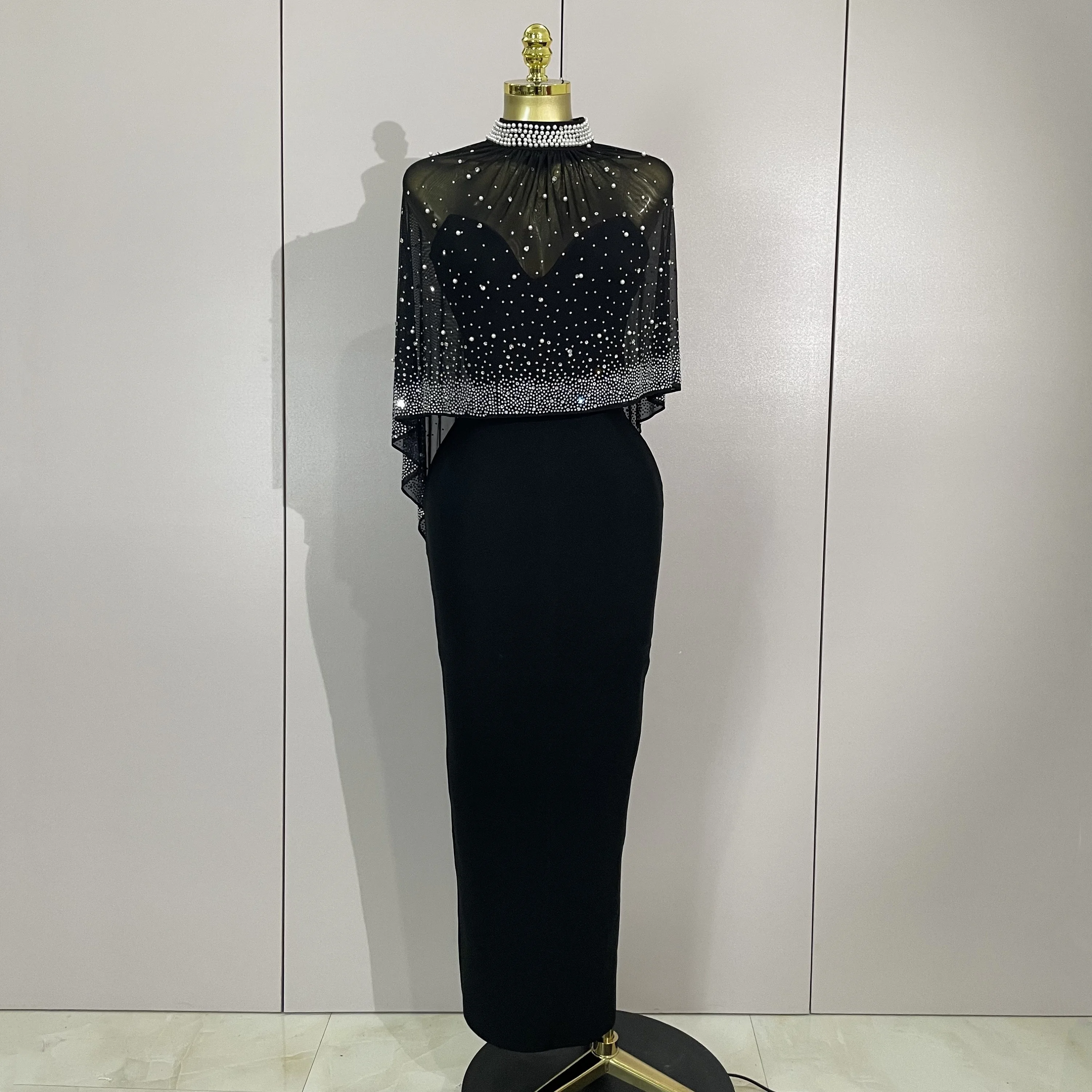STOCK Elegant Black Strapless Long Bandage Dress With Sheer Rhinestone Beaded Cape Women Evening Celebrity Luxury Birthday Gown