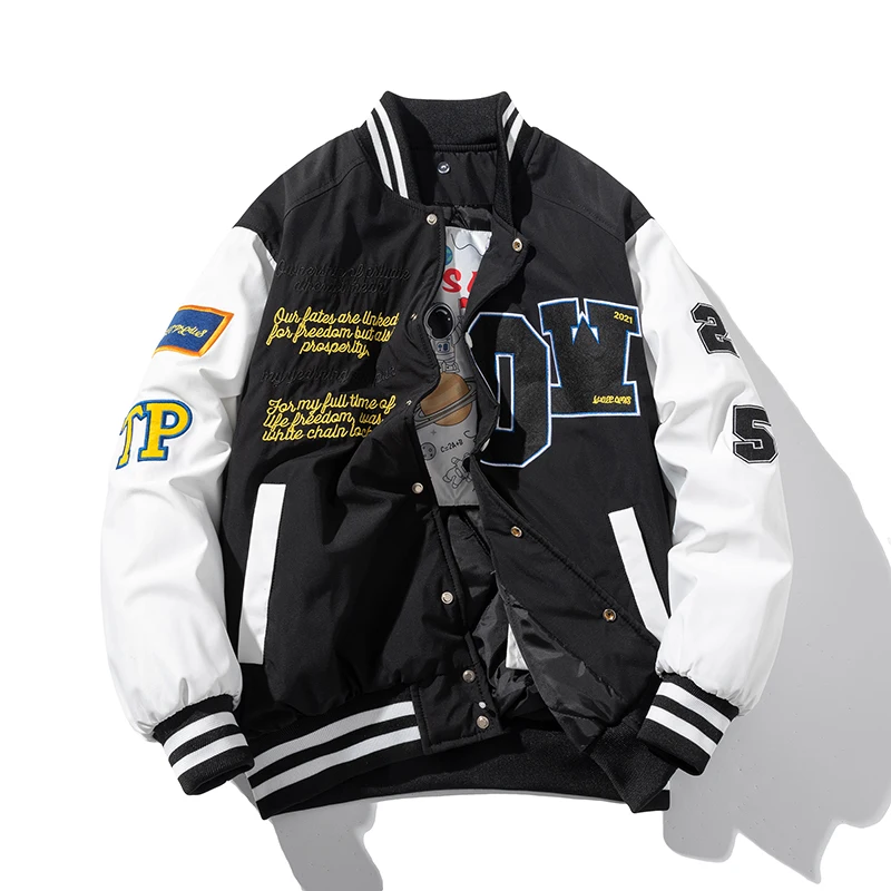 Varsity Jacket Men Women Winter Embroidery Baseball Jacket Hip Hop Letter Cartoon Anime Coat Hooded American Couple Windbreaker