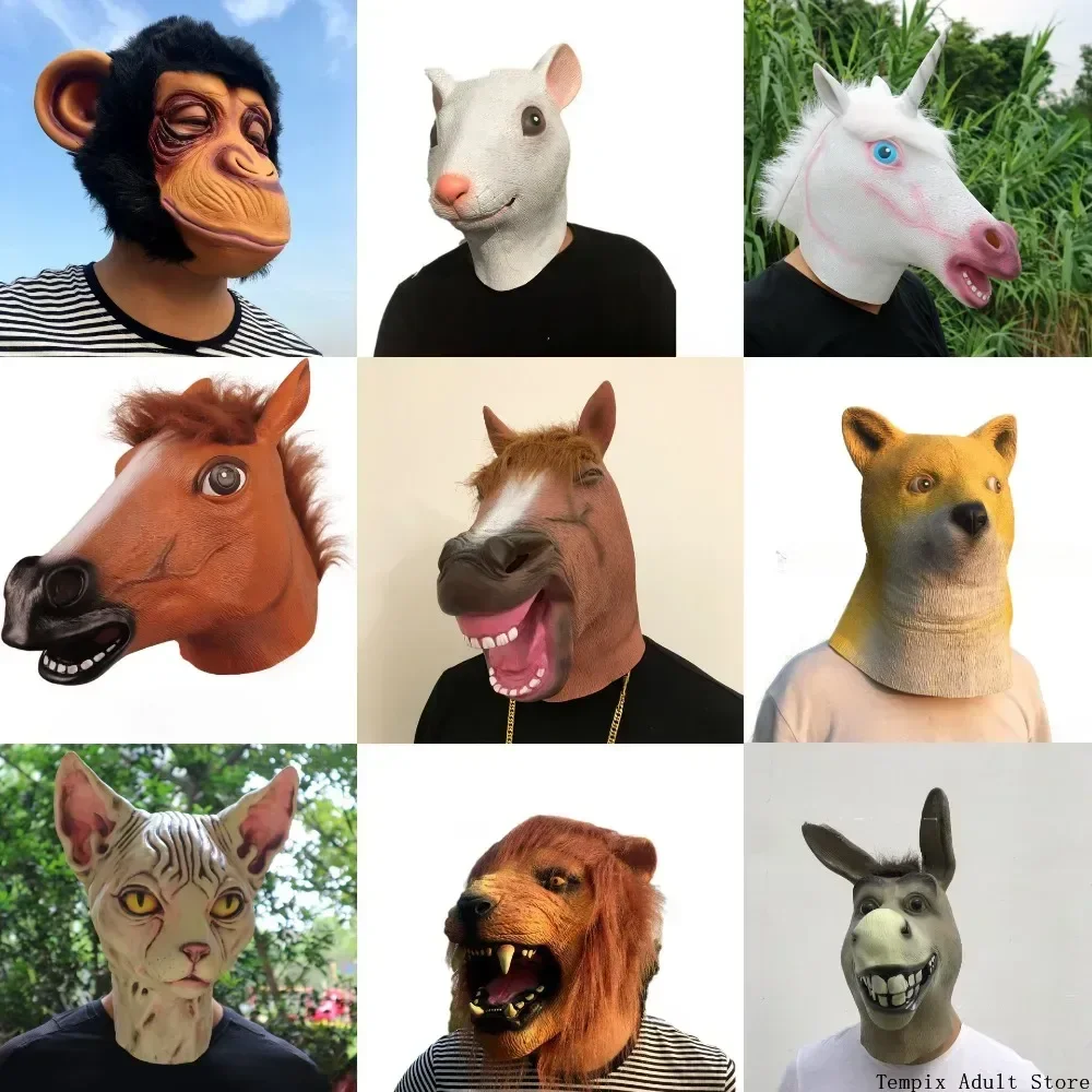 Animal Latex Mask Horse Head Mask for Adult Brown Horse Head Novelty Halloween Costume for Masquerade Party Fun Carnival Cosplay