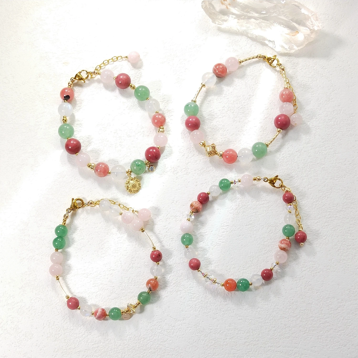 

Lii Ji Rose Quartz Rhodonite Green Aventurine Moonstone Rhodochrosite 6mm/8mm American 14K Gold Filled Charms Handmade Bracelet