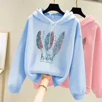 Women Fashion Feather Printed Hoodies Autumn Winter Plus Velvet Casual Loose Sweatshirt 3