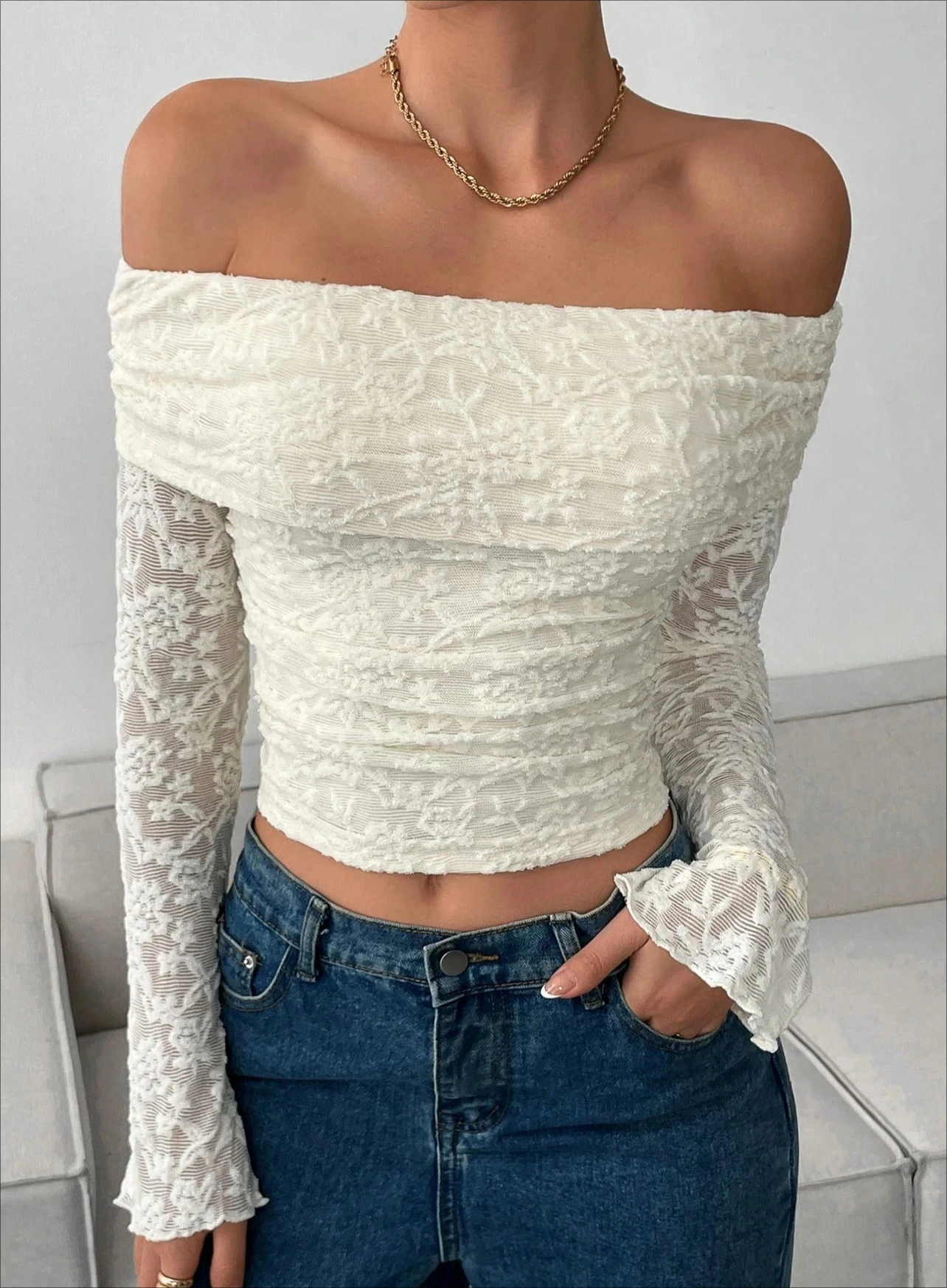 

Женская элегантная кружевная прозрачная блузка с открытыми плечами и накладными рукавами на весну/осень, укороченная блузка с длинными рукавами и плиссировкой на талии